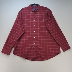 Towncraft Button Down Shirt Mens Large Burgundy Plaid Wrinkle Free Long Sleeve